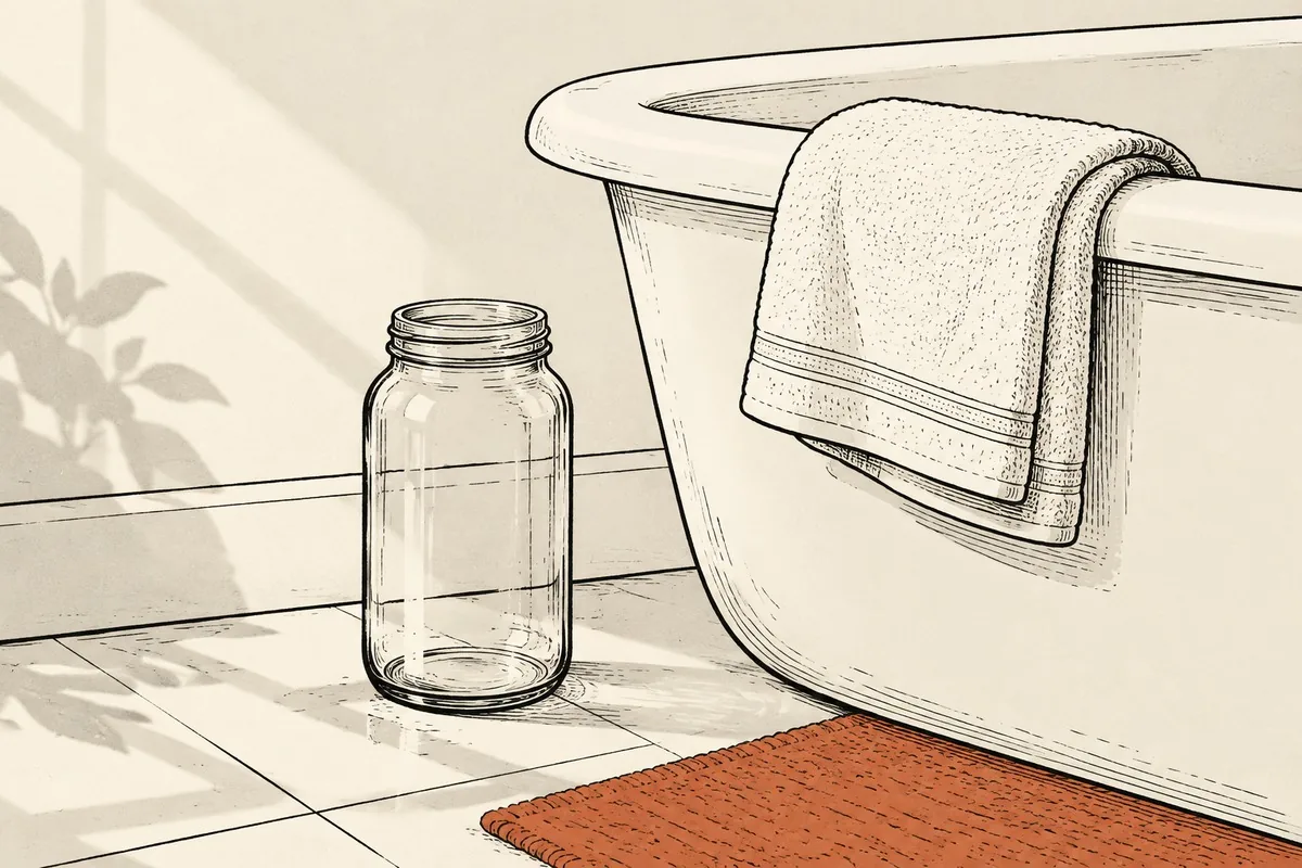El borde de una bañera blanca en un rincón de baño con suelo de baldosas, con una toalla clara colgada del borde y un tarro de vidrio en el suelo al lado, una alfombrilla terracota a los pies y la sombra de una ventana en la pared, y la luz de la mañana entrando de lado