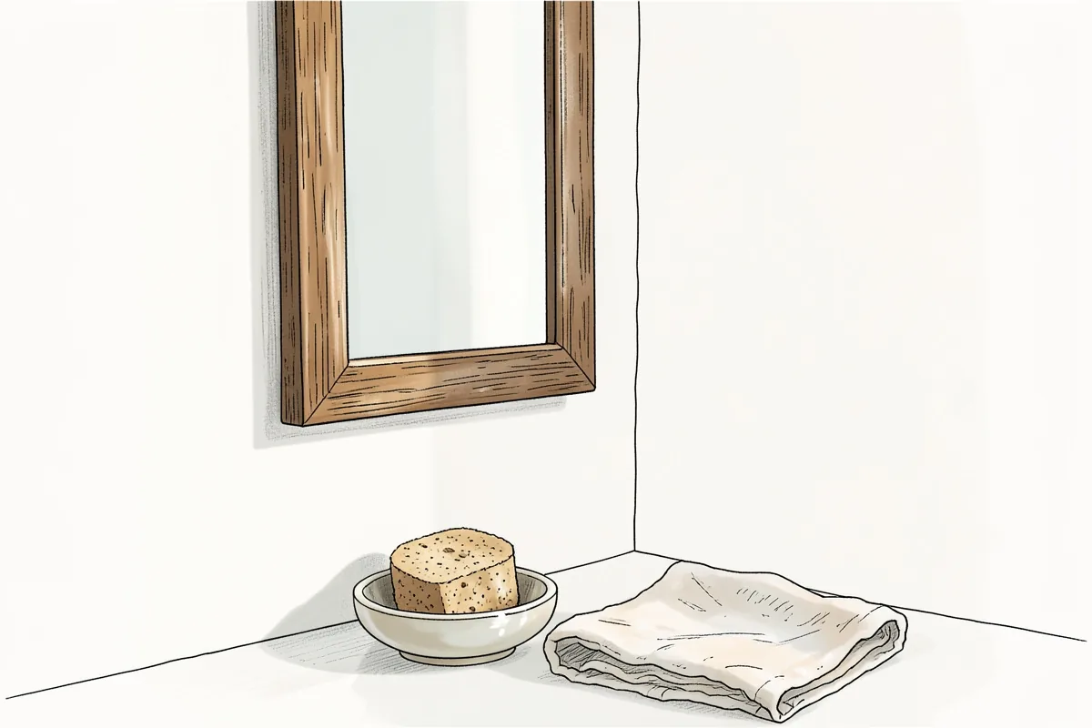 El rincón de un baño con un espejo de pared de marco de madera, un cuenco bajo de cerámica con una esponja dentro y una toalla clara doblada en el suelo al lado, con la luz de la mañana entrando de lado
