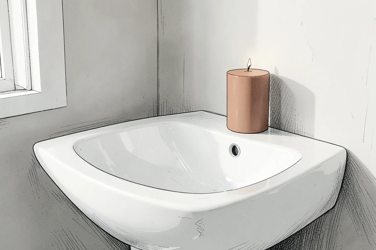Un rincón del baño con un lavabo de cerámica blanca sobre el mostrador, una vela de color terracota encendida en su borde y una ventana pequeña al fondo a la izquierda, con la luz de la mañana entrando de lado