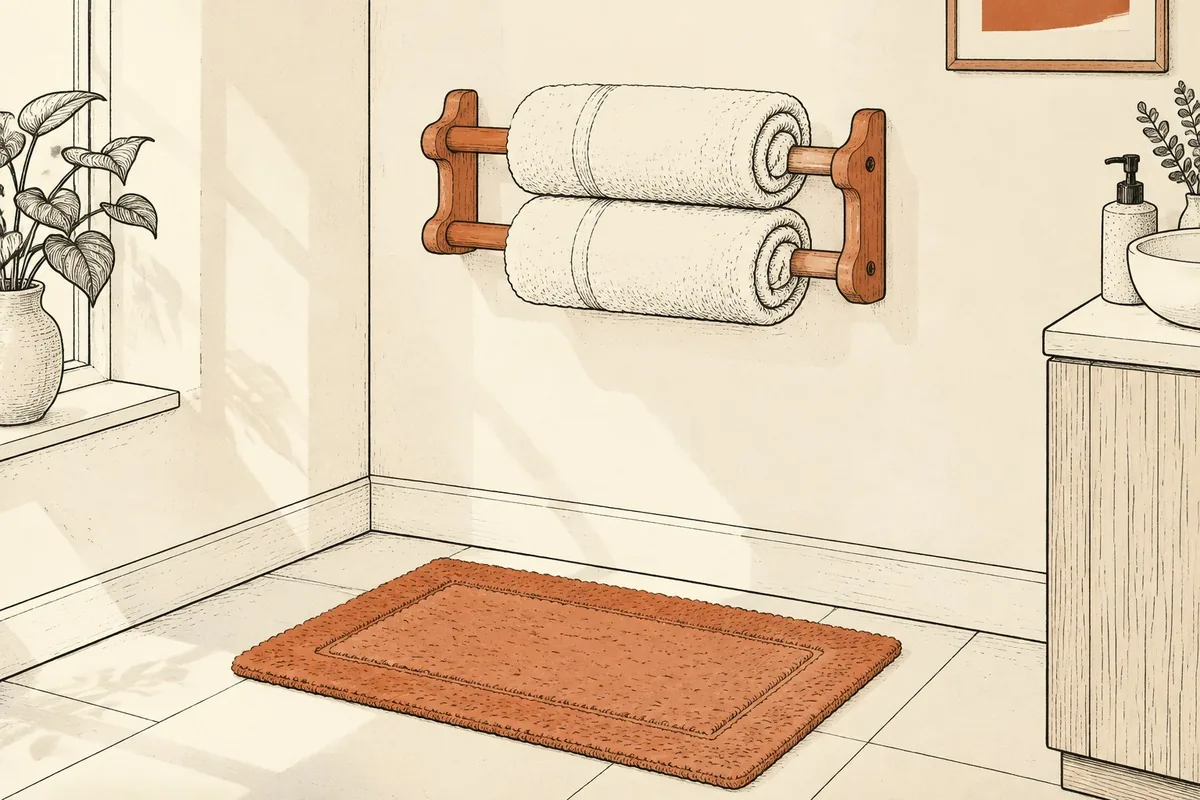 Un rincón de baño con un toallero de pared de madera con dos toallas claras enrolladas, una alfombrilla de algodón en el suelo, una ventana con una planta a la izquierda y el borde de un mueble con un dosificador y un jarrón a la derecha, y la luz de la mañana entrando de lado