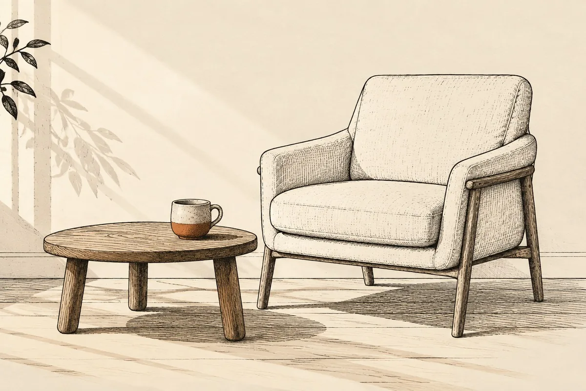 Un rincón de casa con una butaca de tela clara y una mesa baja de madera con una taza de cerámica al lado, las dos apoyadas en el suelo, con una rama de hojas asomando por la esquina superior izquierda, y la luz suave de la tarde entrando de lado