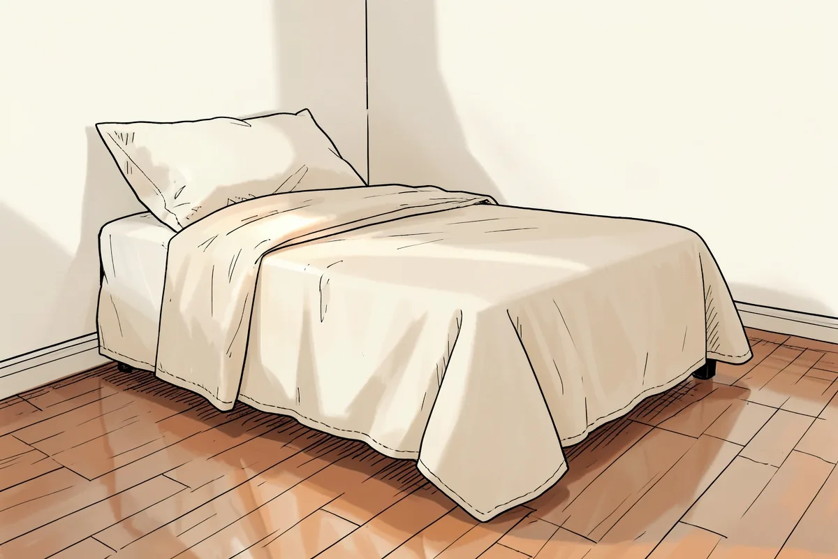 Un rincón de dormitorio con una cama hecha, una colcha clara y una almohada, sobre el suelo de madera, con la luz suave de la tarde entrando de lado