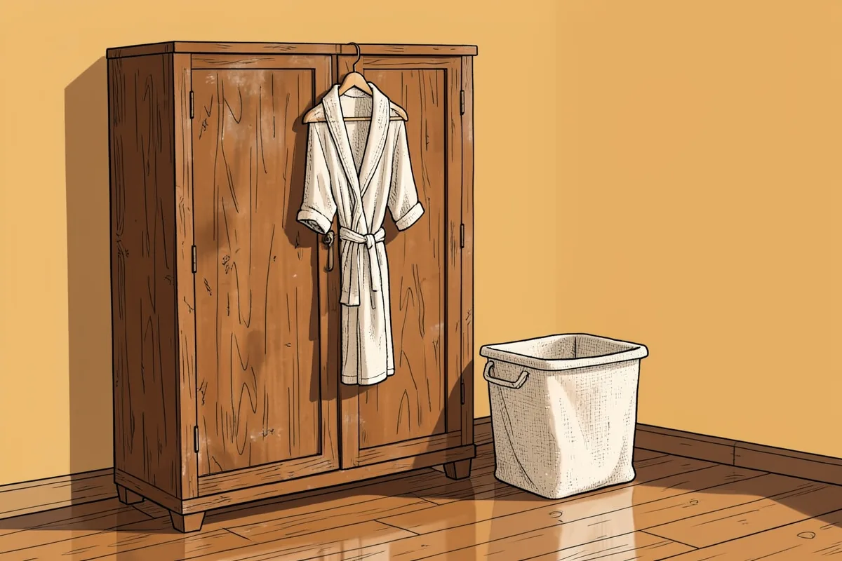 Un rincón del dormitorio con un armario de madera y una bata clara colgada de una percha de madera en su puerta, una cesta de ropa de tela clara en el suelo de madera al lado, y la luz cálida de la tarde entrando de lado