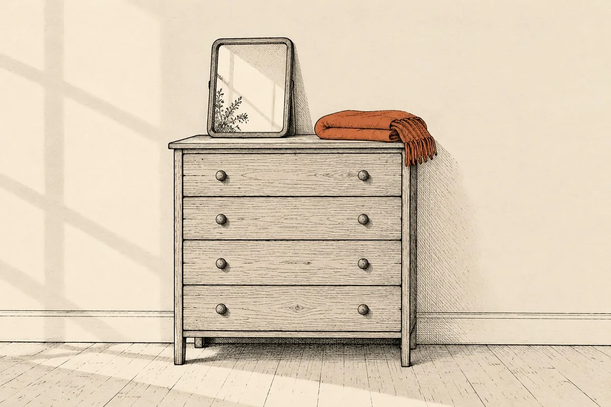 Una cómoda de madera clara con cuatro cajones en un rincón del dormitorio, con un espejo pequeño apoyado encima y una manta doblada terracota al lado, y la luz suave de la tarde entrando de lado