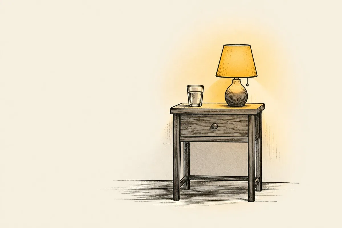 Una mesita de noche de madera en un rincón de la habitación al anochecer, con un vaso de agua y una lámpara pequeña encendida encima, y su luz cálida en la pared del fondo