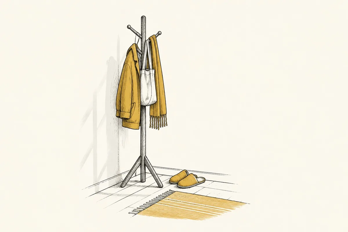 Un perchero de madera de pie en un rincón, con un abrigo mostaza, una bolsa de tela clara y una bufanda colgados, unas zapatillas de casa en el suelo al lado y una alfombra mostaza delante, y la luz suave de la tarde entrando de lado