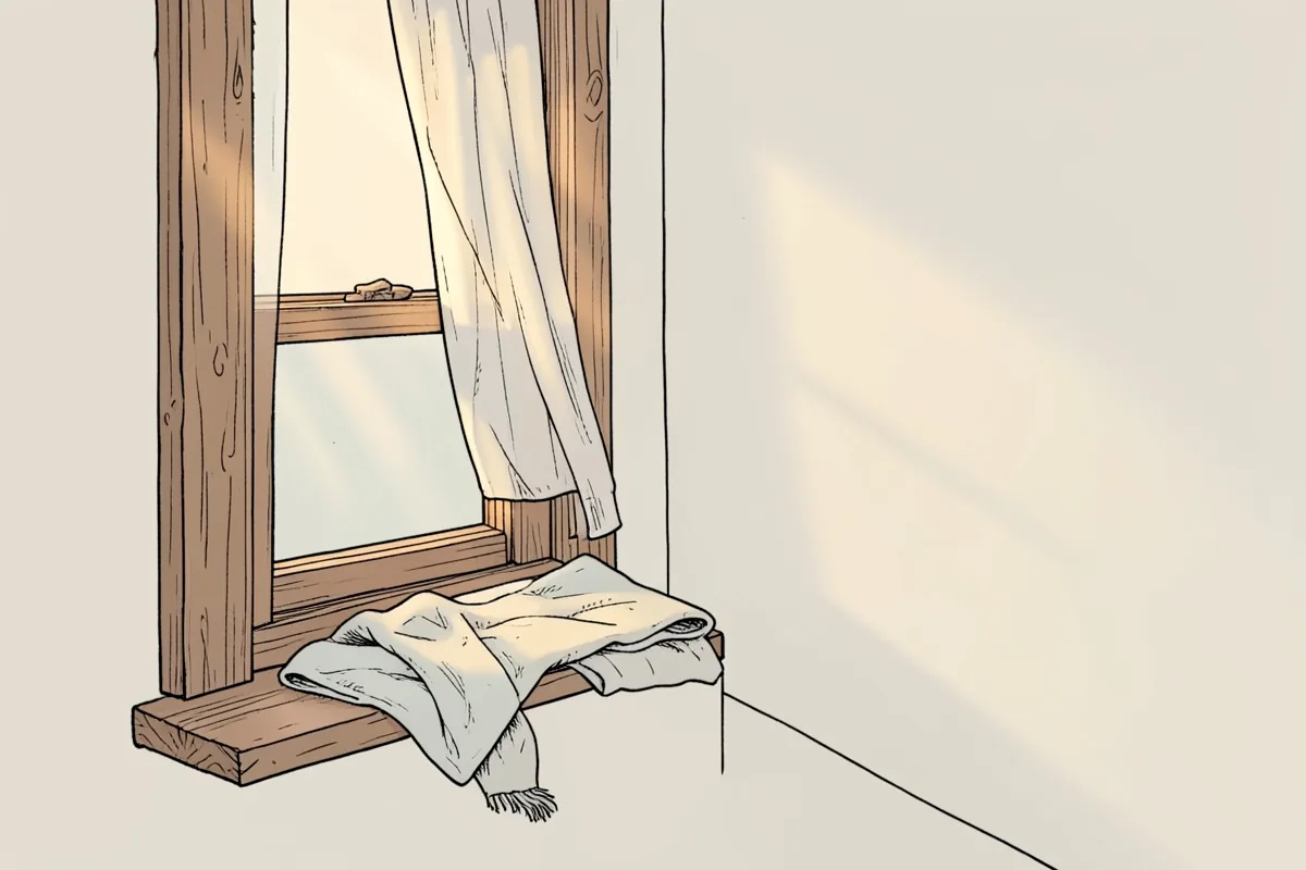 El rincón de un dormitorio con una ventana de marco de madera, una cortina clara desplazada a un lado y una manta doblada sobre el alféizar, con la luz de la tarde entrando de lado